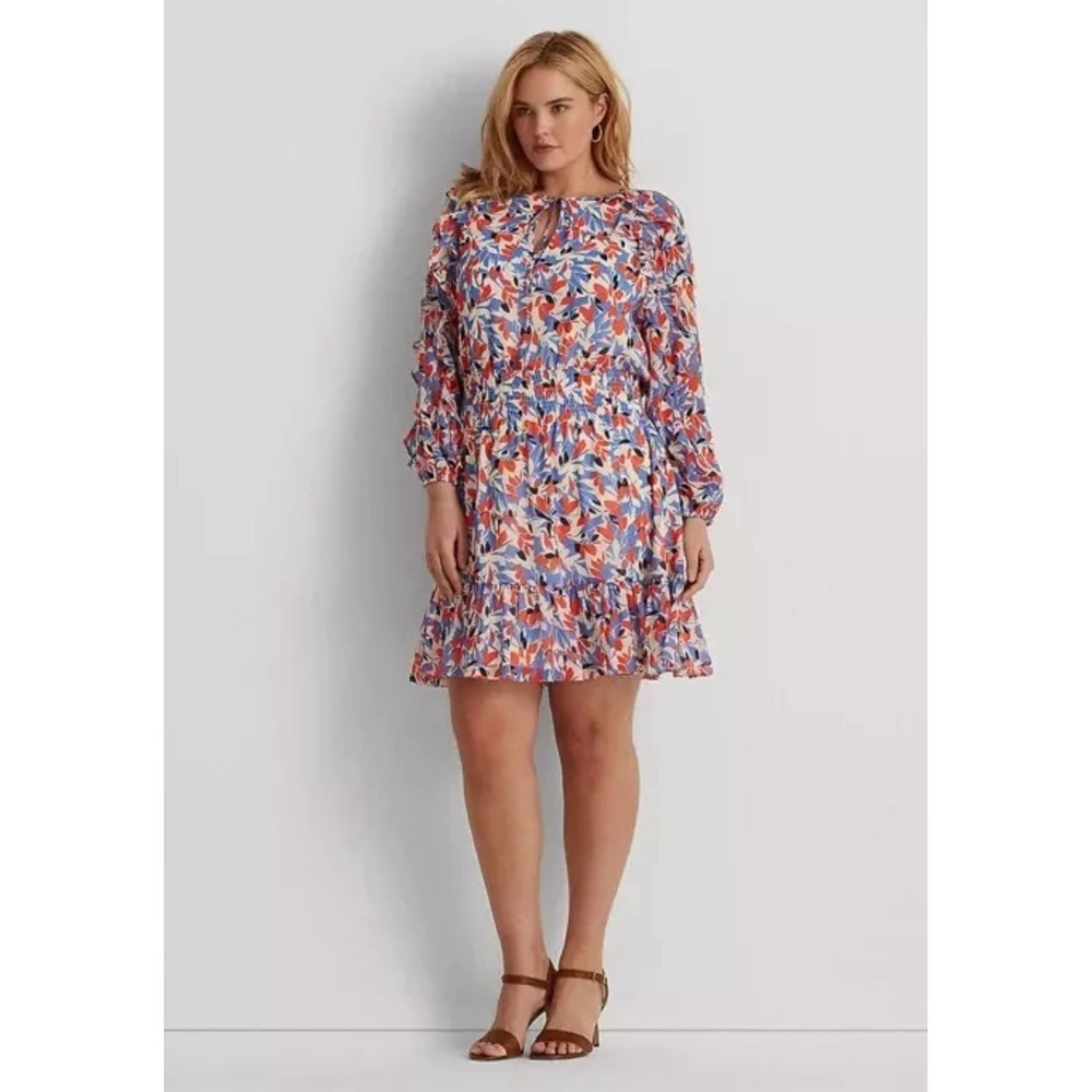 Lauren Ralph Lauren Plus Size‎ 14W Floral Crinkled Georgette Dress Ruffled